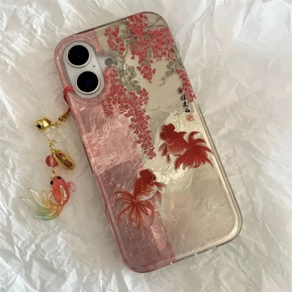 Coque de téléphone tourbillon peint, calligraphie florale et pendentif Koi vue 2