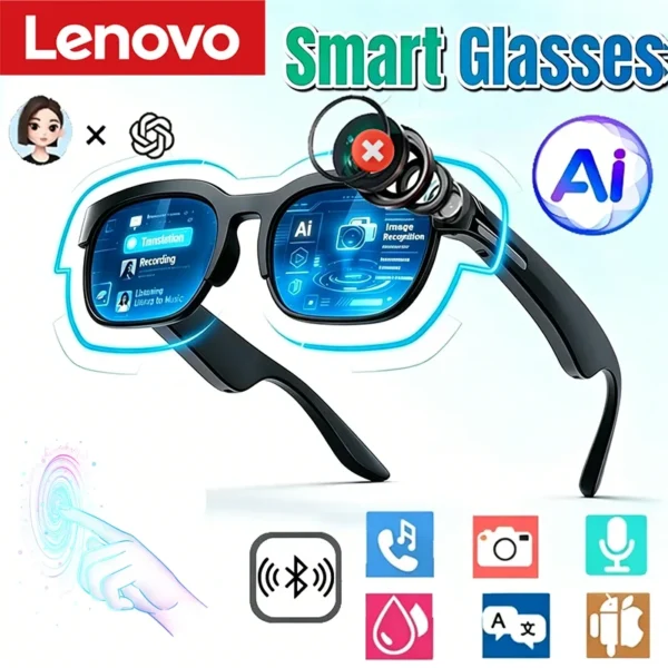 Lunettes intelligentes Lenovo AI, traduction AI, conversation Bluetooth, enregistrement, écoute de musique, lunettes de soleil intelligentes pour hommes et femmes, cadeau
