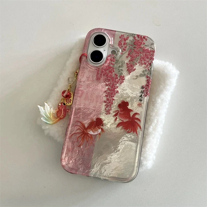 Coque de téléphone tourbillon peint, calligraphie florale et pendentif Koi