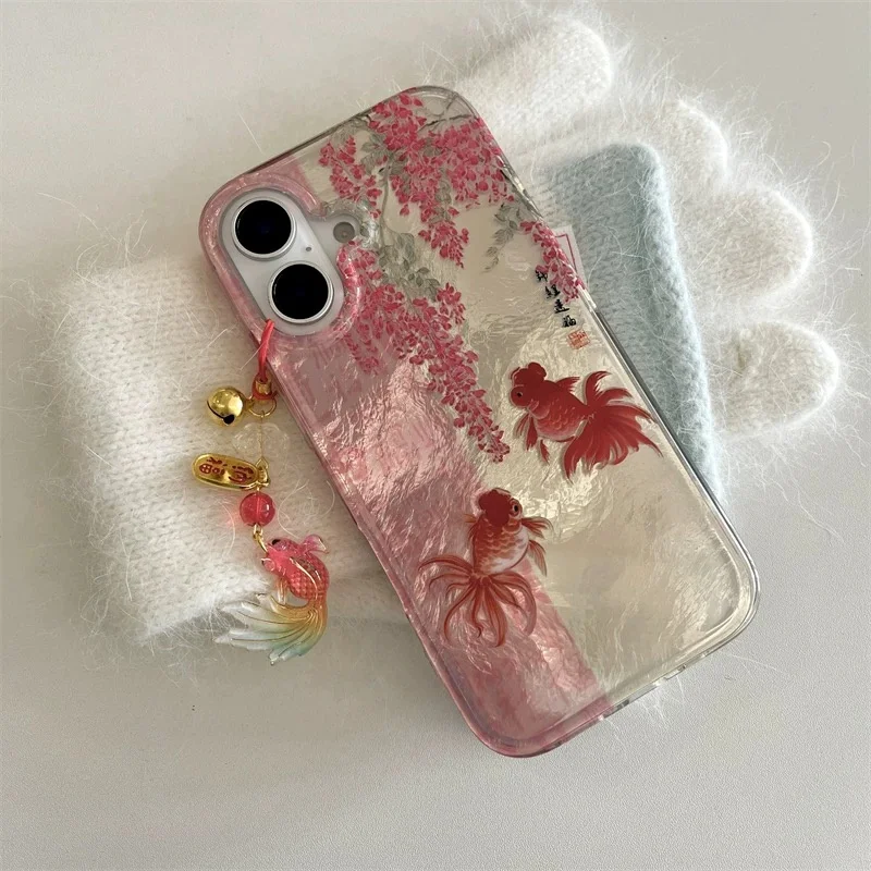 Coque de téléphone tourbillon peint, calligraphie florale et pendentif Koi image 3
